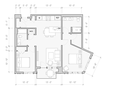 Floor plan for 2 beds, 2 baths, 1067 sqft